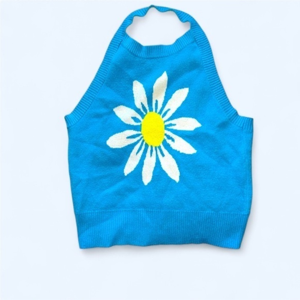 My Michelle Bright Blue Daisy Sweater Halter Top Retro Spring Floral Fun Shirt